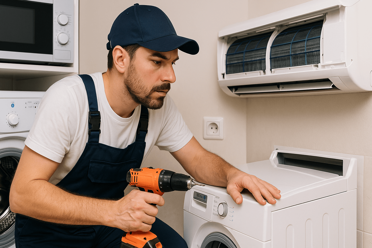 Technician servicing a split AC unit